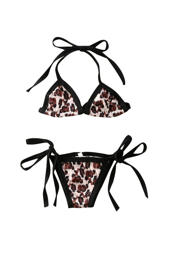 Baby Girl's Leopard Print Bikini Set Halter Bikini Top + Bikini Shorts