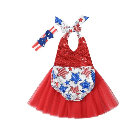 Kiapeise Baby Girls 4th of July Romper Onesie Independence Day Jumpsuit Star Print Sequins Mesh Skirt Halter Bodysuit + Headwear