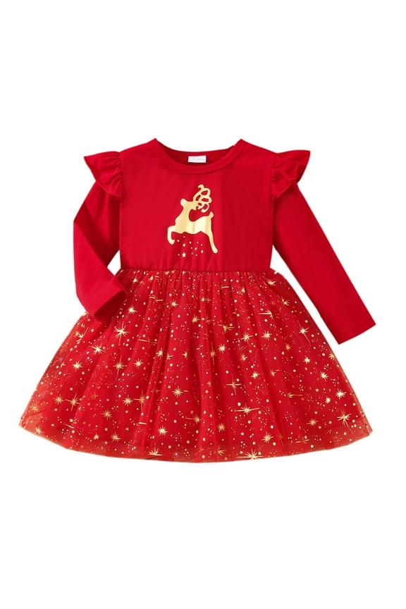 Baby Girls Christmas Dress Ruffle Long Sleeve Dots Yarn Stitching Onesie Dress with Elk Pattern + Headwear