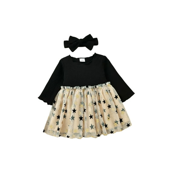 Kiapeise Baby Girls Dress Long Sleeve Patchwork Star Tulle Layered Tutu Princess Dress with Headband