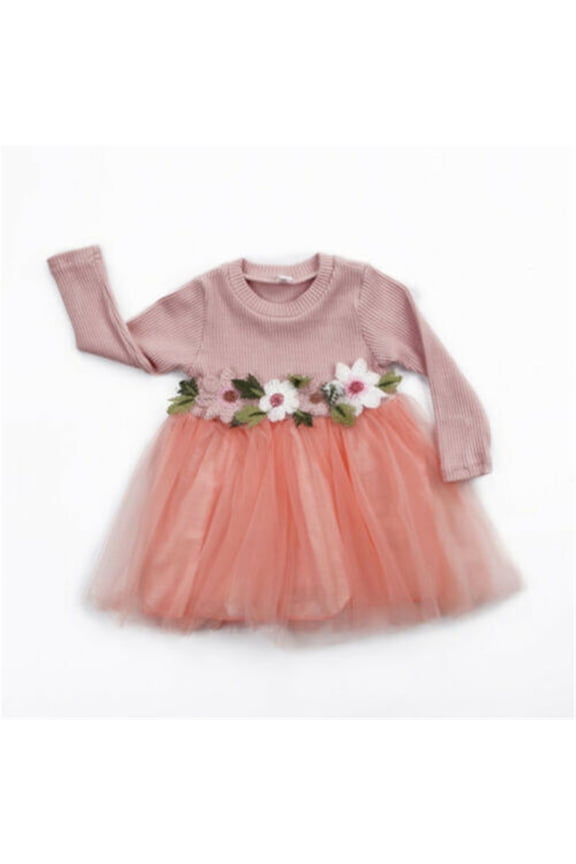 Baby Girls Flower Dresses Long Sleeve Mesh Panel Cute Dress for Party