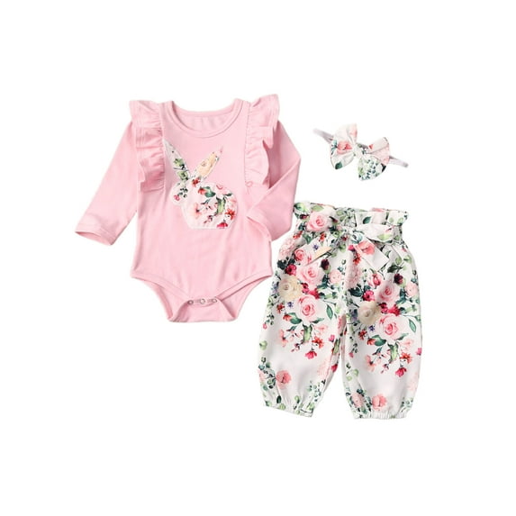 Kiapeise Baby Girls Long Sleeve Rabbit Romper + Floral Pants + Headband