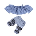 thumbnail image 1 of Kiapeise Baby Girls Off Shoulder Top + Denim Pants Hole Jeans Outfits, 1 of 7