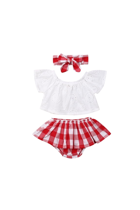 Baby Girls Off Shoulder Top + Plaid Print Shorts + Bow Hairband