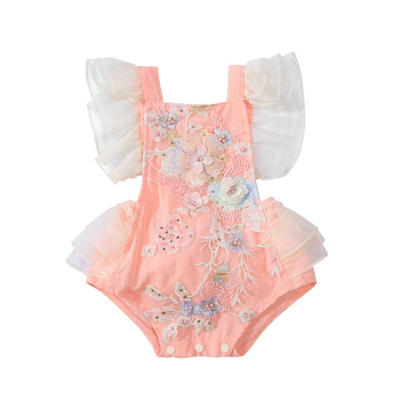 Kiapeise Baby Girls Romper, Ruffle Sleeve Floral Embroidered Backless Bodysuit