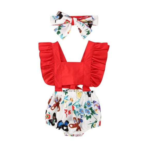 Kiapeise Baby Girls Ruffle Sleeveless Cherry Print Romper Big Bow with Headband