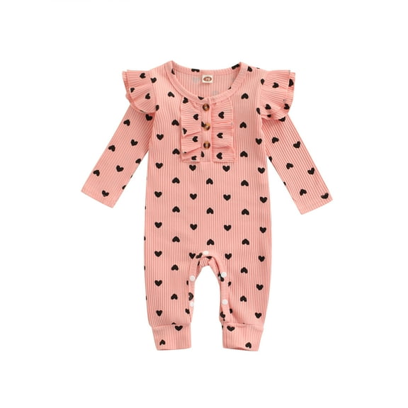Kiapeise Baby Girls Valentine's Day Romper Heart Print Long Sleeve Jumpsuit