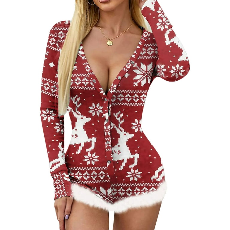 Kiapeise Christmas Romper Onesie for Women Sexy V Neck Rompers Shorts Long Sleeve Button Pajama Walmart