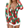 thumbnail image 1 of Kiapeise Christmas Romper Onesie for Women Sexy V Neck Rompers Shorts Long Sleeve Button Pajama, 1 of 5