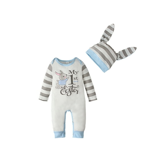 Kiapeise Easter Newborn Baby Boy Jumpsuits Long Sleeve Print Button Front Rompers+Rabbit Ear Cap Snap Bodysuit 2pcs Outfits