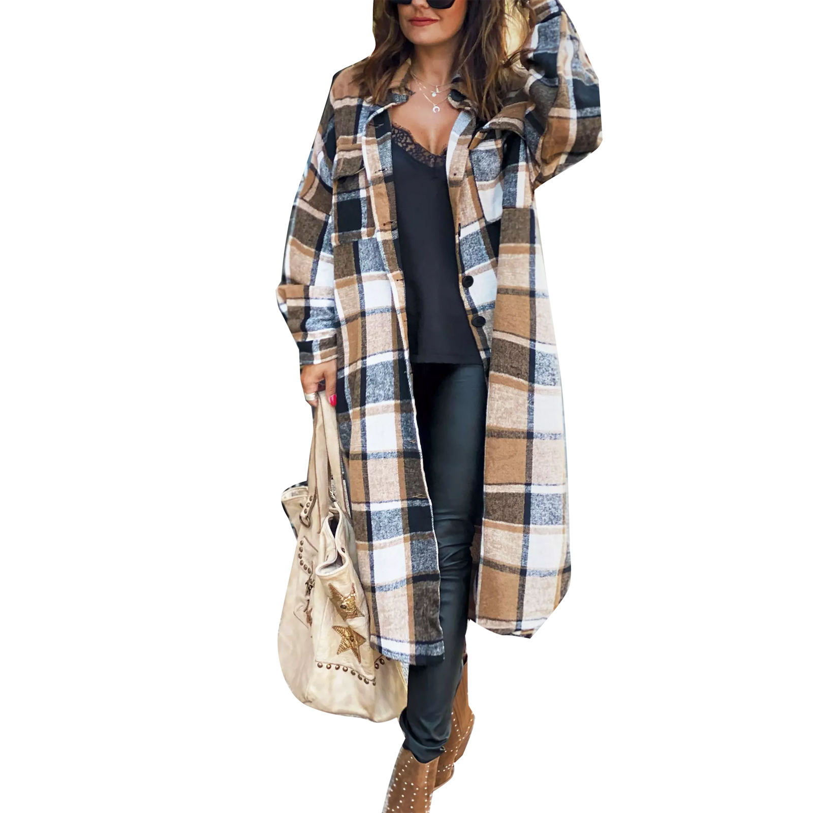 Kiapeise Female Overcoat, Plaid Turn-Down Collar Long Sleeve Woolen Coat for Women - image 1 of 6