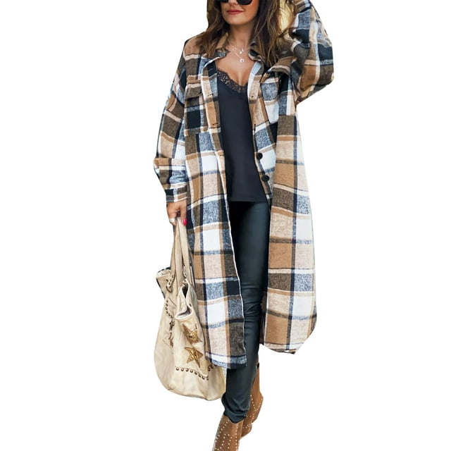 Kiapeise Female Overcoat, Plaid Turn-Down Collar Long Sleeve Woolen Coat for Women