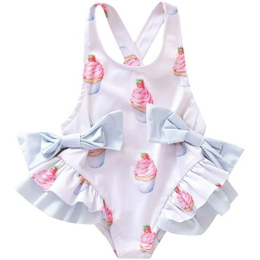 Kiapeise Girl’s Cute Bow Cake Pattern Backless Ruffles Suspender Swimsuit