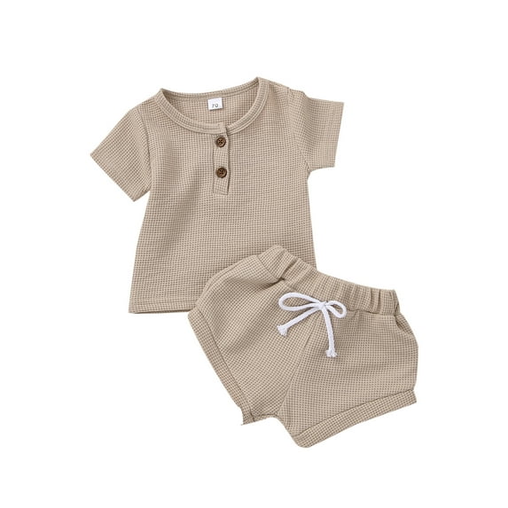 Kiapeise Infant Baby Boy Girl Summer Clothes Waffle Knit Short Sleeve Tops T-Shirt and Shorts Summer Outfit Sets