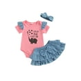 thumbnail image 1 of Kiapeise Infant Baby Girl Summer Skirt Outfits Short Sleeve Romper Denim Ruffle Layered Mini Skirts Set with Headband, 1 of 9
