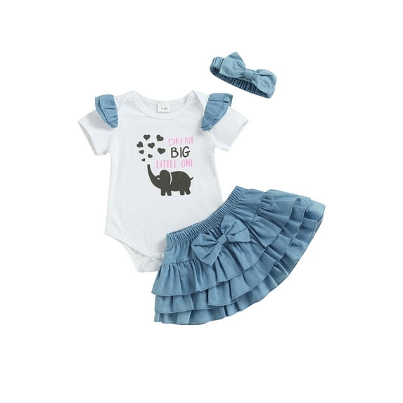 Kiapeise Infant Baby Girl Summer Skirt Outfits Short Sleeve Romper Denim Ruffle Layered Mini Skirts Set with Headband