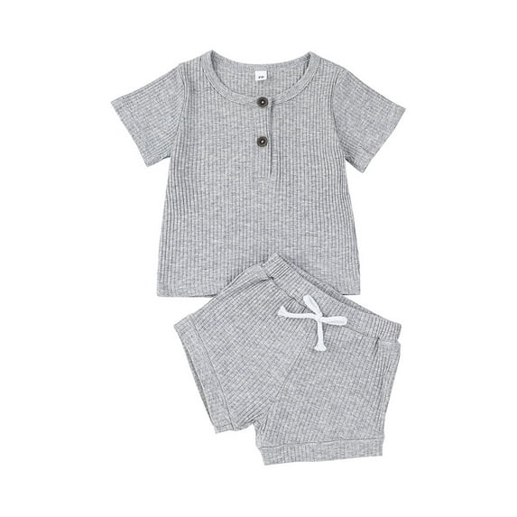 Kiapeise Infant Babys Ribbed Short Set Short Sleeve Button T-Shirt Top+Drawstring Short Summer Clothes Set