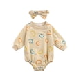 thumbnail image 1 of Kiapeise Infant Toddler Baby Girl Long Sleeve Smile Face Print Romper Bodysuit with Bow Headband Clothes, 1 of 6