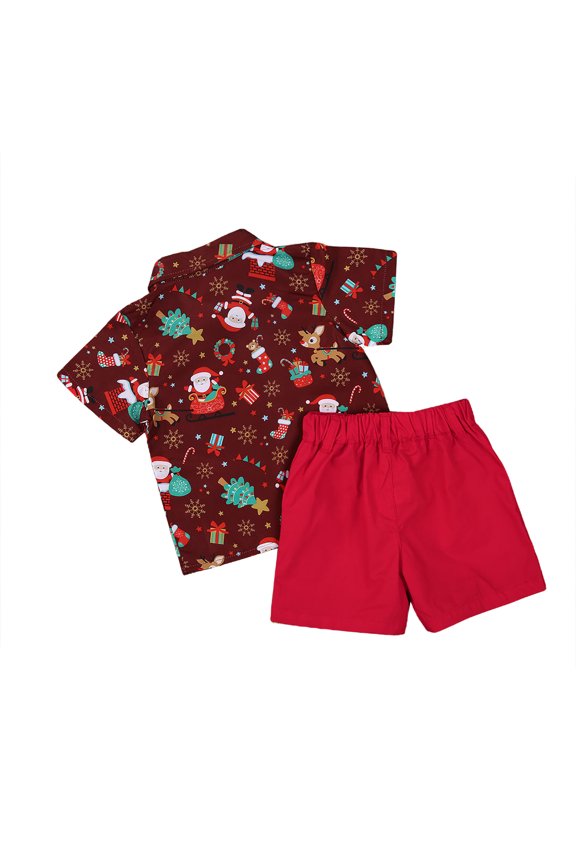 Kids Boy Clothes Set Santa Print Short Sleeve Single Breasted Shirts Shorts