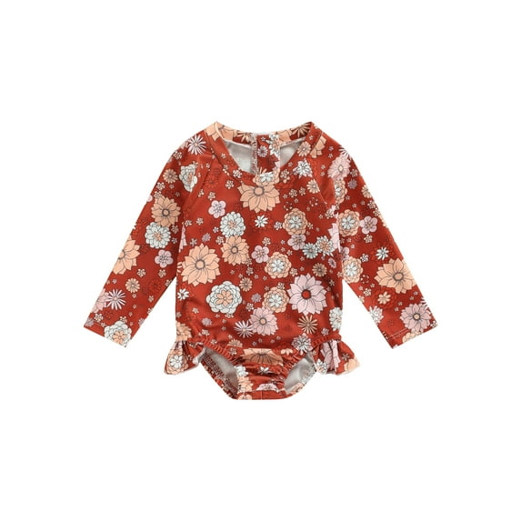 Kiapeise Kids Toddler Baby Girl Swimsuit One Piece Long Sleeve Bathing Suit Floral Hawaiian Rash Guard Shirt Swimwear Beachwear