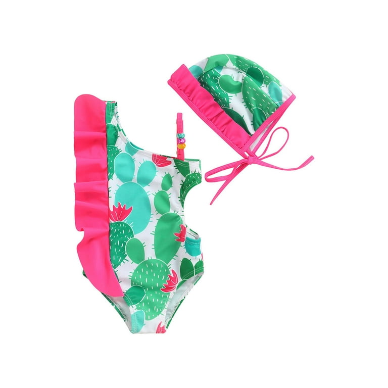 Kiapeise Kids Toddler Girl One Piece Bikini Cactus Print Ruffle Sloping Shoulder Hollow Out Swimsuit Swim Cap Beachwear
