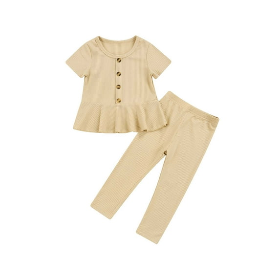 Kiapeise Kids Toddler Girls Basic Solid Color Rib Knitted Short Sleeve Ruffle Tunic Dress Top Leggings Pants Outfits Sets