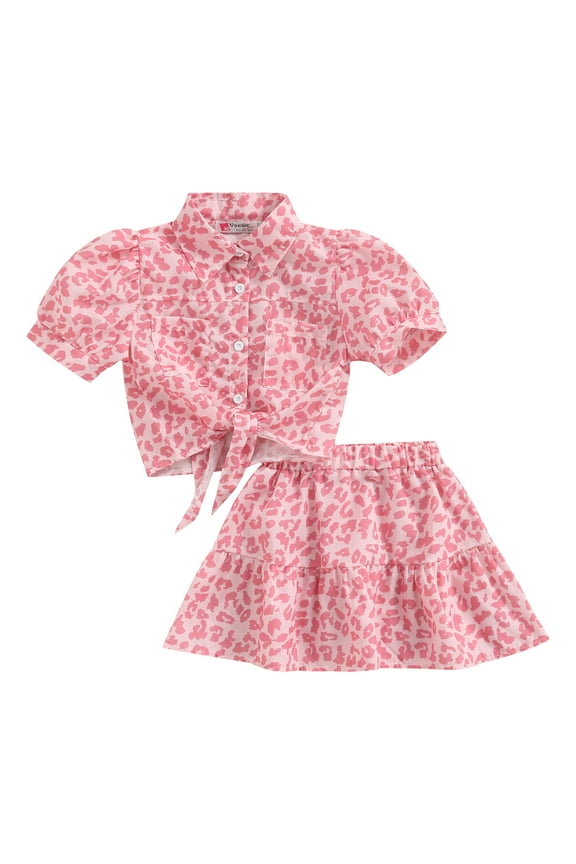 Kids Toddler Girls Summer Outfits Short Sleeve Crop Top Lapel Blouse Button Down Shirt+ Leopard Mini Skirt Set