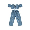 thumbnail image 1 of Kiapeise Little Baby Girls Summer Outfits Off Shoulder Bandage Crop Tops and Ripped Denim Jeans Pants with Bow Belt 2pcs Clothes, 1 of 9