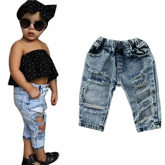 Kiapeise Little Girl Denim Jeans, Patchwork Pockets Hollow Elastic Band Pant