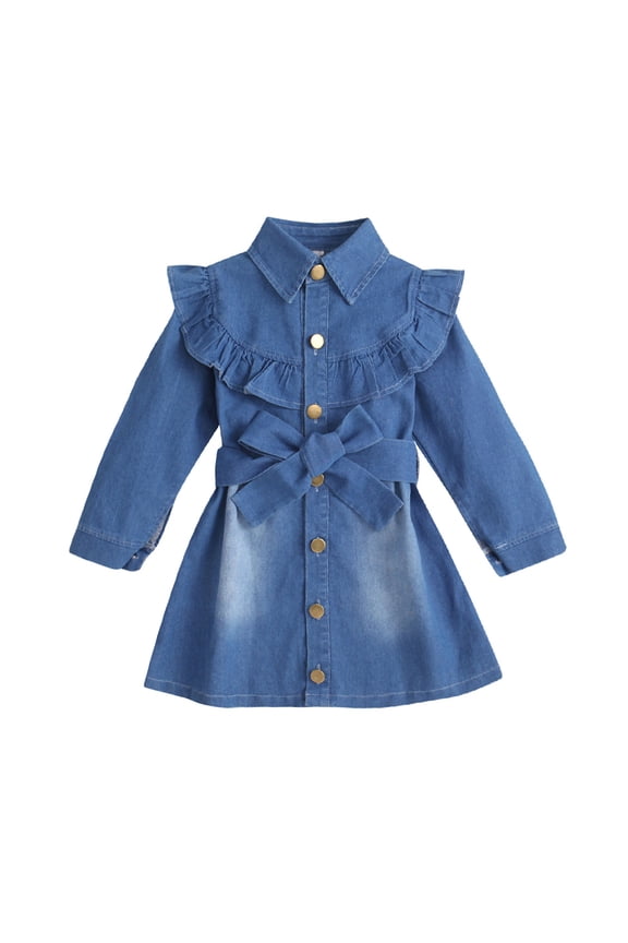 Little Girls Denim Dresses Ruffle Long Lapel Button Midi Dress with Belt Outfit