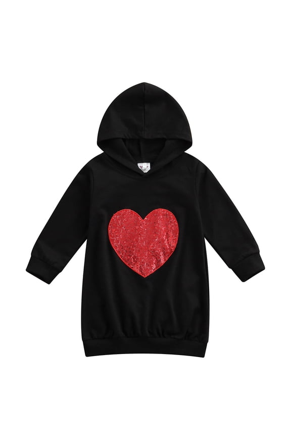 Little Girls Dress Long Sleeve Sequin Heart Hooded Loose Midi Dress Sweatshirt