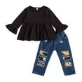thumbnail image 1 of Kiapeise Little Girls Floral Ruffle Sleeve Shirt Ripped Jeans Denim Pants Set, 1 of 6
