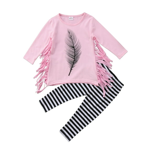 Kiapeise Little Girls Long Sleeve Feather Print Tassel Top+Striped Pants