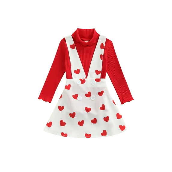 Kiapeise Little Girls Valentine’s Day Outfits Long Sleeve High Collar Pullover + Love Print Suspender Skirt