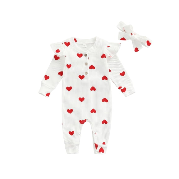 Kiapeise Newborn Baby Body Girl Valentine's Day Romper Jumpsuits Ruffle Sleeve Hearts Graphic One Piece Boysuit Outfits Headband