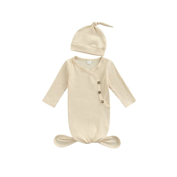 Kiapeise Newborn Baby Boy Girl Knotted Gowns Long Sleeve Printed Sleeping Bag Coming Home Outfit Nightgown Pajamas Hat Set