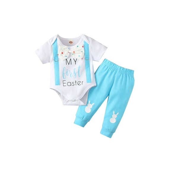 Kiapeise Newborn Baby Boy Infant Girl My First Easter Outfit Romper+Bunny Pants Short Sleeve Rabbit Clothes Gentlemen Set