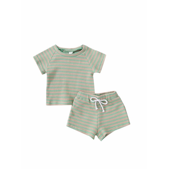 Kiapeise Newborn Baby Girl Boy Clothes Striped Waffle Knit Short Sleeve T Shirt Shorts Set Summer Outfits for Toddler