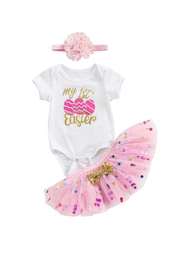 Newborn Baby Girl My 1st Easter Outfit Short Sleeve Letter Romper Tulle Tutu Skirt Headband 3Pcs Clothes Set