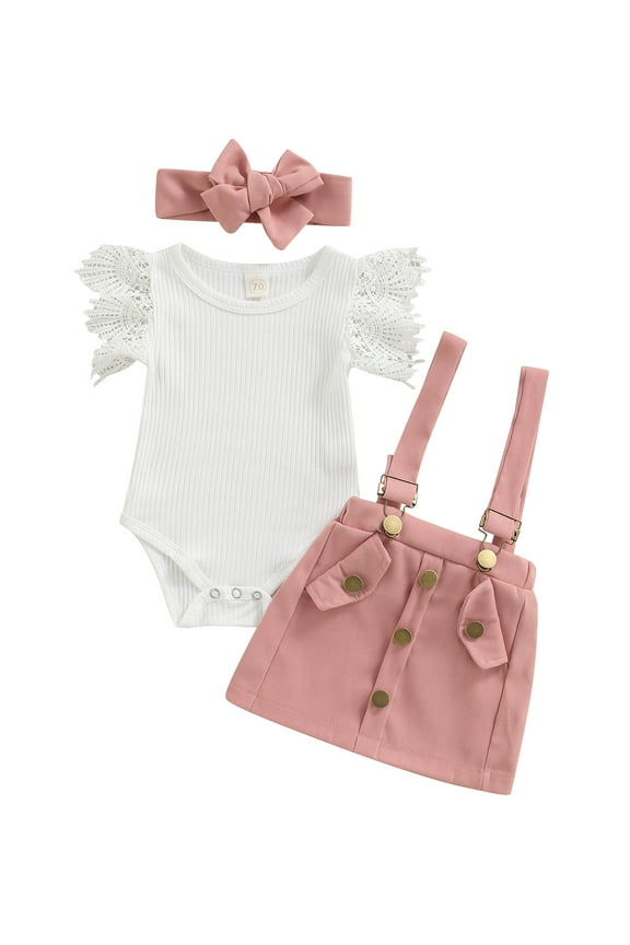 Newborn Baby Girl Outfits 3 6 12 18 Months Flying Sleeve Ribbed Romper Suspender Skirt with Headband 3Pcs Clothes Set