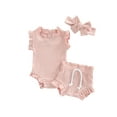 thumbnail image 1 of Kiapeise Newborn Baby Girl Ribbed Outfits Solid Ruffle Sleeveless Romper Shorts Headband Infant Summer Clothes Set, 1 of 9
