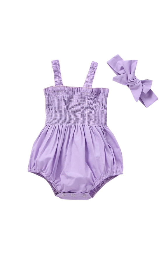 Newborn Baby Girl Romper Sleeveless Strap Ruffle Elastic Jumpsuit Bow Headband Spring Summer Clothes