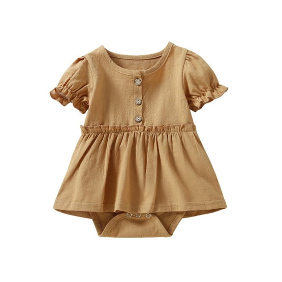 Kiapeise Newborn Baby Girls Short Sleeve Classic Romper, Casual Solid Color Button Down Bodysuit with Pleated Skirt Dress