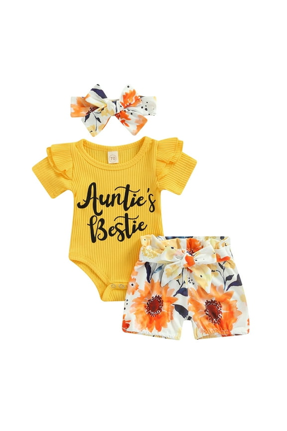 Newborn Infant Girl Short Sleeve Auntie 's Bestie Letter Print Romper Belted Floral Short Set Summer Casual 3 Piece Outfit
