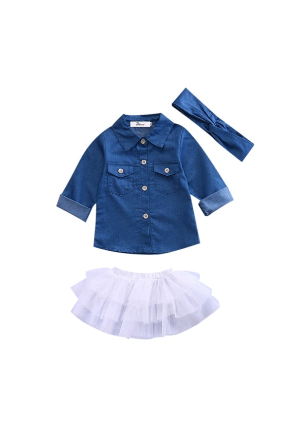 Newborn Kids Baby Girl Denim Tops T-Shirt +Lace Tutu Skirt Outfits 3PCS Clothes Set