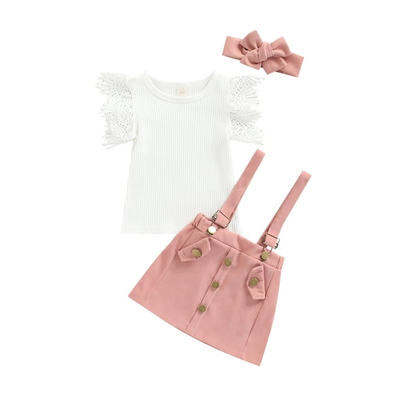 Kiapeise Newborn Toddler Baby Girl Overall Skirt Set Kids Ruffle Lace Ribbed Romper Tops+Suspender Skirts 3Pcs Dress Outfits