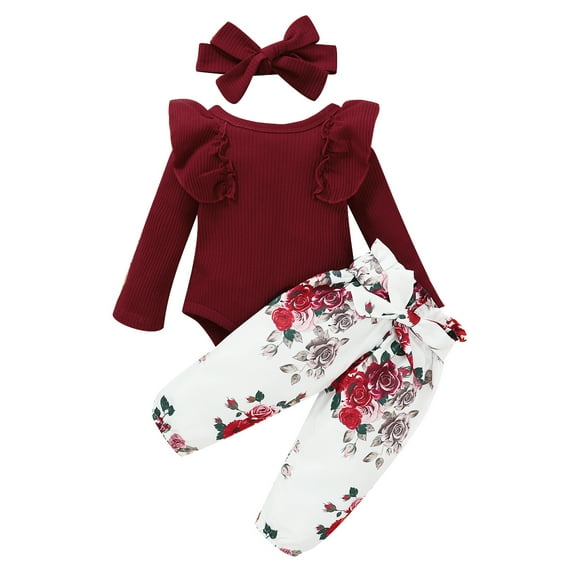 Kiapeise Three Piece Baby Girl’s Clothes Fresh Solid Color Long Sleeve Jumpsuit and Flower Long Pants with Headband
