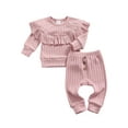 thumbnail image 1 of Kiapeise Toddler Baby Girl Clothes Knitted Ribbed Long Sleeve with Ruffle Tops Bow Long Pants Set, 1 of 8