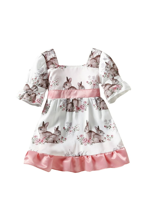 Toddler Baby Girl Easter Dress Short Sleeve Square Neck Bunny Print Ruffle Bownet Belt Princess Party Dresses