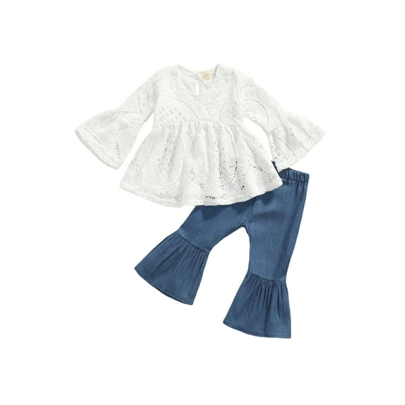 Kiapeise Toddler Baby Girl Outfit Solid Lace Tops Flare Pants Bell-bottoms 2Pcs